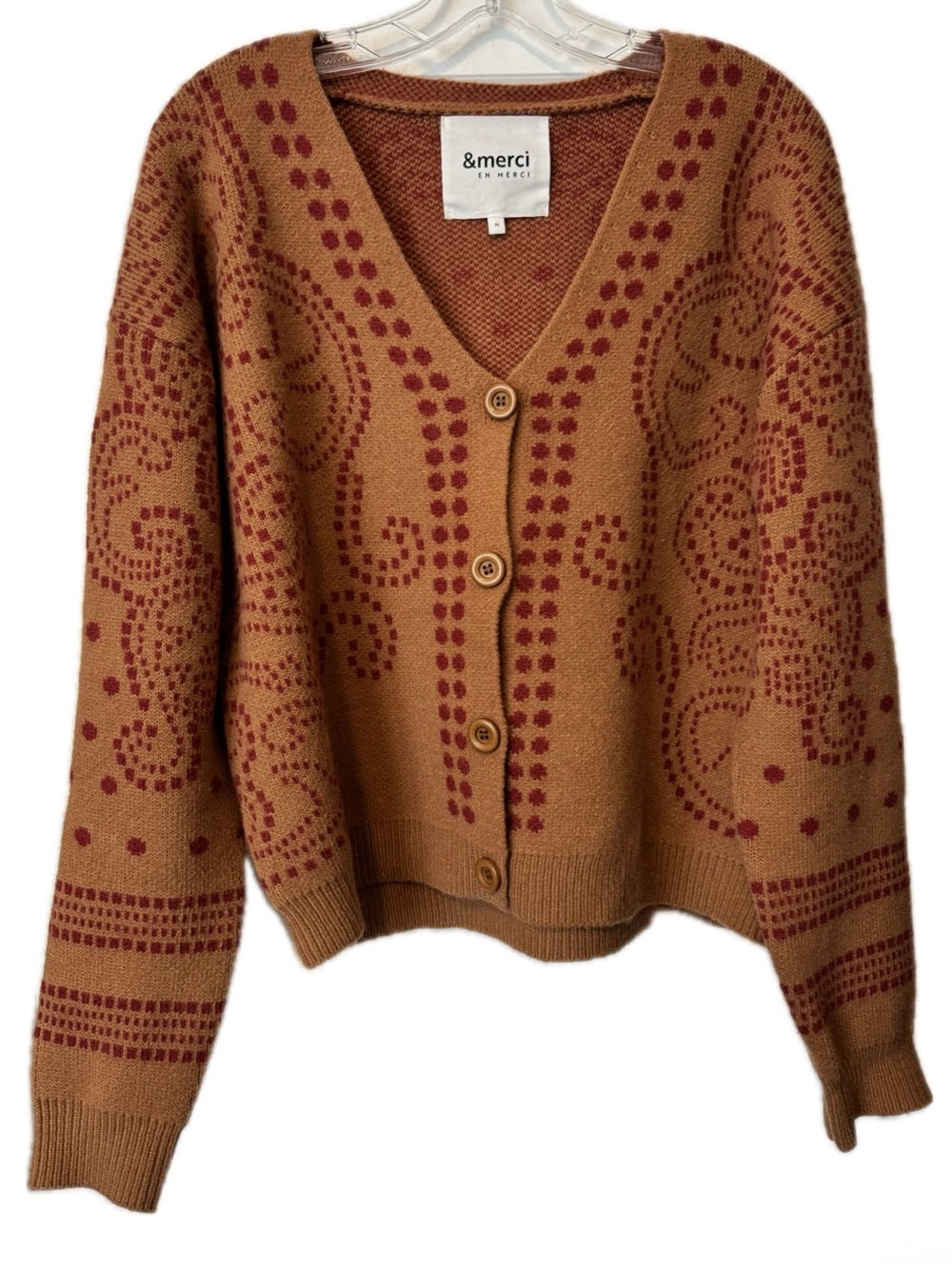 &merci Cardigan Sweater M Brown Burgundy Paisley Boho Button Front